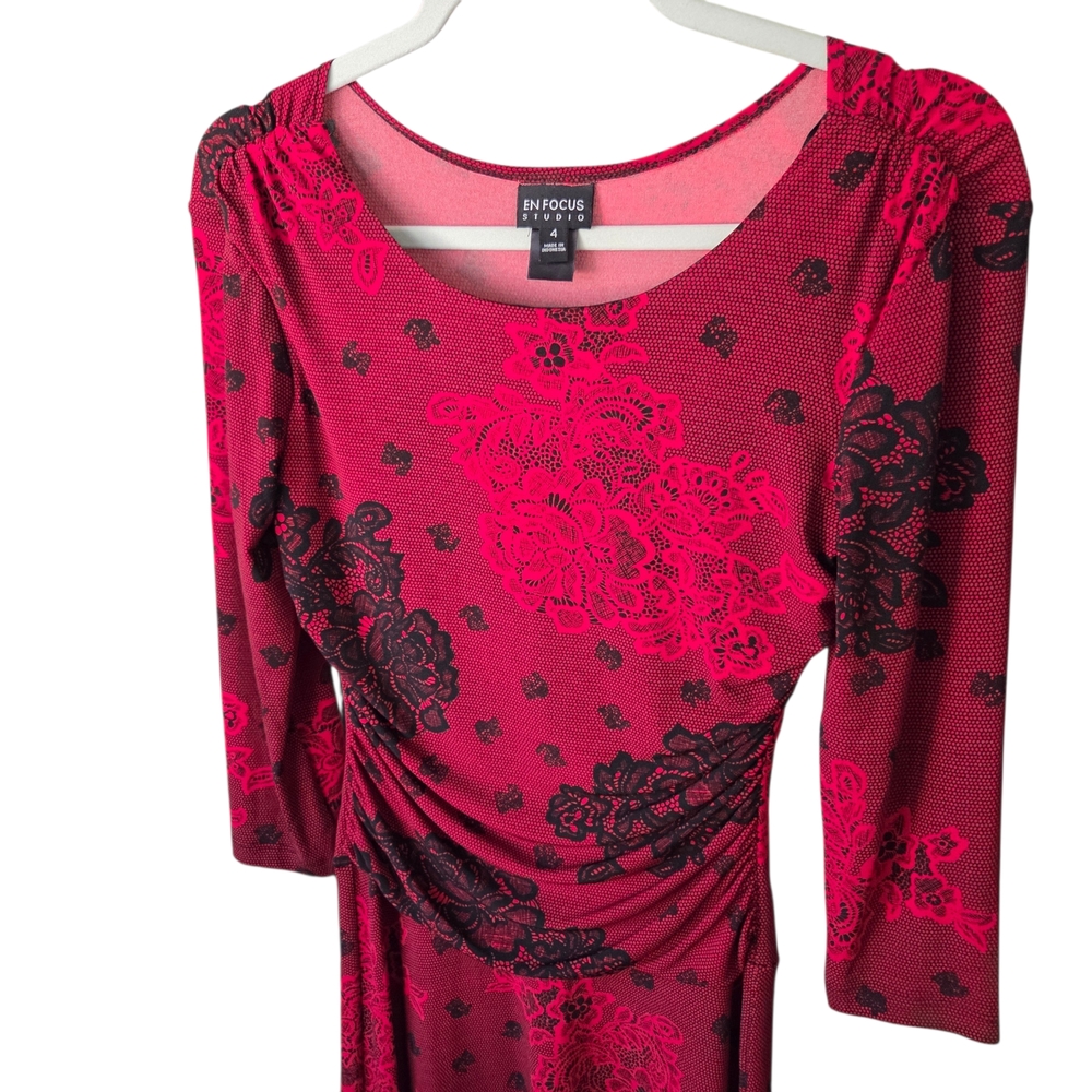 Enfocus Studio Red Black Floral Soft Stretch 3/4 Sleeve Midi Dress Size 4 - Picture 4 of 10